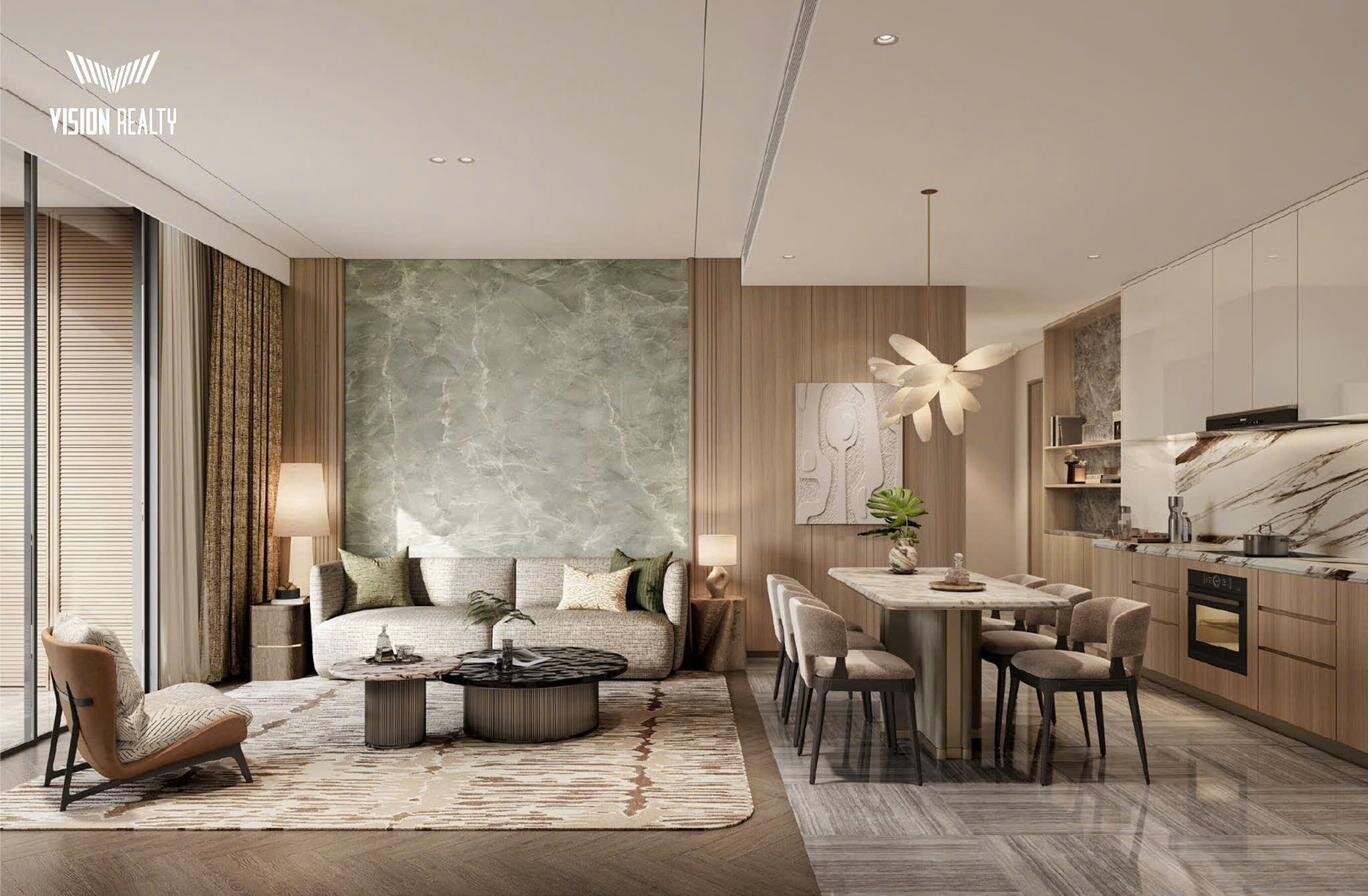 Phối cảnh phòng khách - bếp căn hộ Grand Residences The Magnolia Long Biên