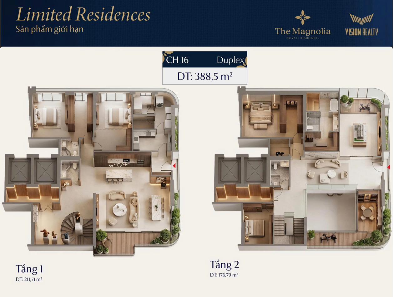 Mặt bằng 3D căn CH16 Duplex Limited Residences The Magnolia Long Biên 388,5m²
