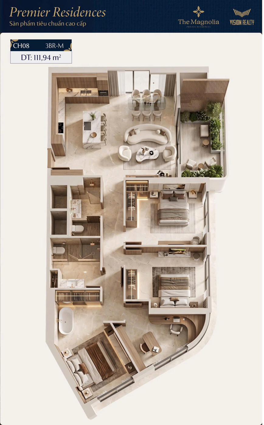 Mặt bằng 3D căn CH08 3BR-M Premier Residences The Magnolia Long Biên 111,94m²