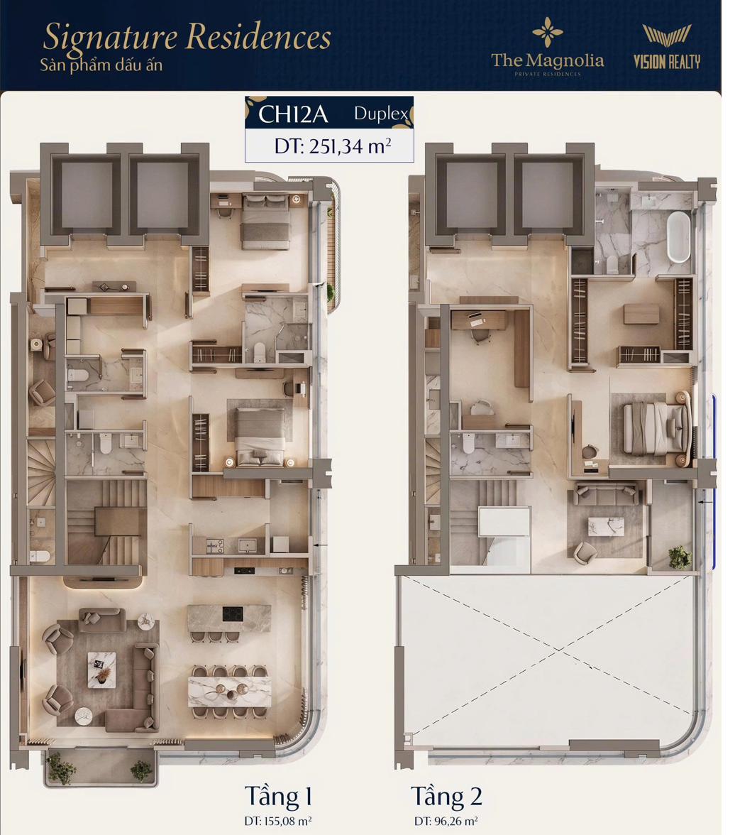 Mặt bằng 3D căn CH12A Duplex Signature Residences The Magnolia Long Biên 251,34m²